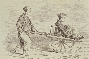 Taxi de carretilla en la década de 1850, China, grabado por Alfred Louis Sargent (n.1828) de 